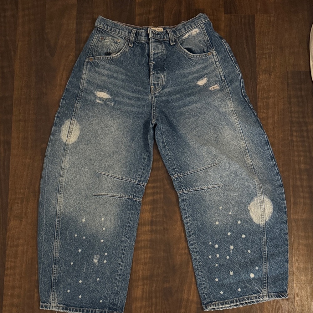 Free People Barrel Faded/distressed Blue Jeans